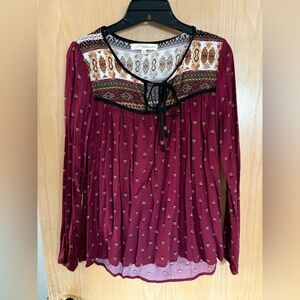 Rewind Burgundy and Cream Patterned Blouse